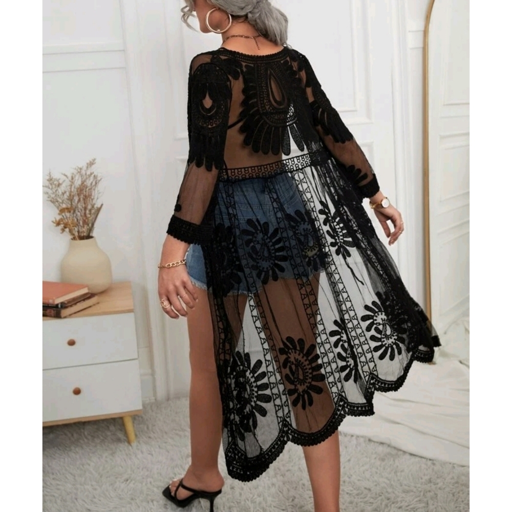 Red Boho Tie Front Mesh Embroidered Kimono - Picture 9 of 10